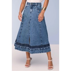 Saia Godê Jeans Com Recortes e Barra Diferenciada Titanium Jeans