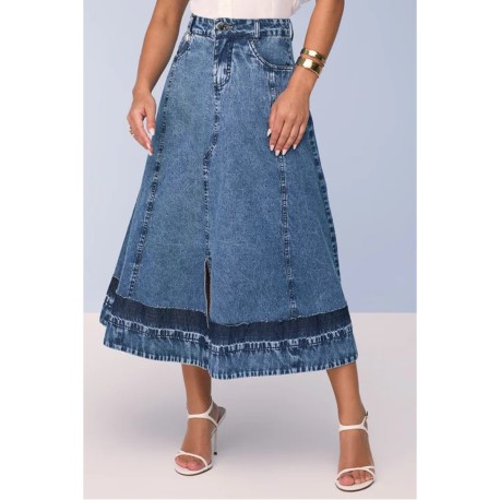 Saia Godê Jeans Com Recortes e Barra Diferenciada Titanium Jeans