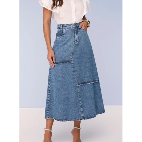Saia Evasê Jeans Com Recortes e Desfiados Titanium Jeans Azul