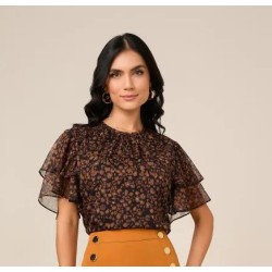 Blusa Chiffon Estampada Com Babados - Titanium