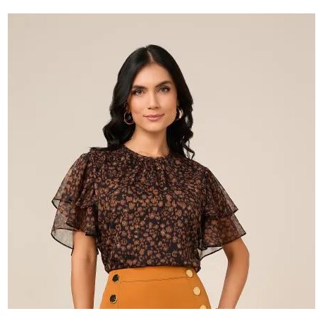 Blusa Chiffon Estampada Com Babados - Titanium